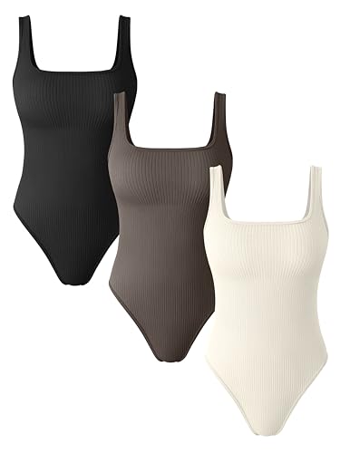 OQQ Women's 3 Piece Bodysuits Sexy Ribbed Square Neck Basic Stretch Tank Tops Bodysuits Black Tea leaf Beige