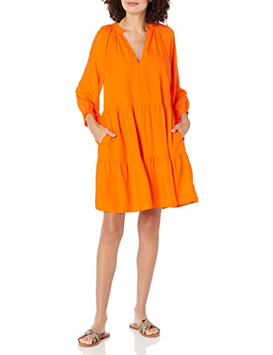 The Drop Women's @caralynmirand Ruffle-Neck Tiered Mini Dress, Fire Orange, L
