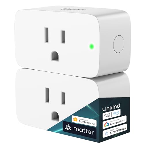Linkind Matter Smart Plug, Work with Apple Home, Siri, Alexa, Google Home, SmartThings, Smart Outlet 15A/1800W Max, Smart Home Automation with Remote Control,Timer&Schedule, 2.4G Wi-Fi Only, 2 Pack