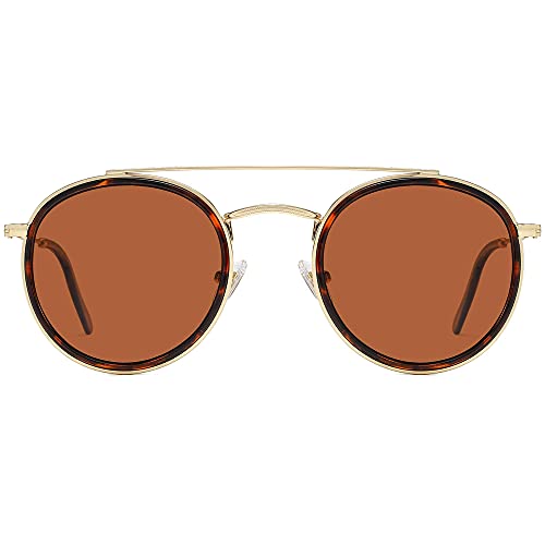 SOJOS Retro Round Double Bridge Polarized Sunglasses for Women Men Vintage Circle UV400 Sunnies SJ1104, Tortoise/Brown