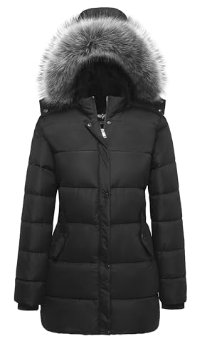 GGleaf Women's Winter Thicken Puffer Coat Warm Snow Jacket with Fur Removable Hood Black Medium