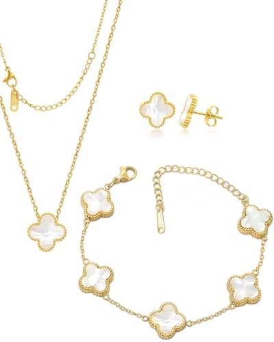 BLUEW 3 Pieces Four Leaf Lucky Clover Jewelry Set, Pendant Necklace, Earrings, Bracelet for Women, Girls, 18K Gold Colored Plated Stainless Steel, Created Mother-of-Pearl Stones