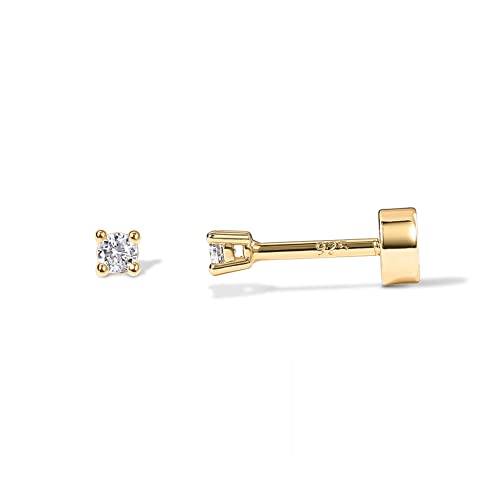 PAVOI 14K Gold Plated Round Cubic Zirconia Flat Back Studs (2 Millimeters, Yellow Gold)