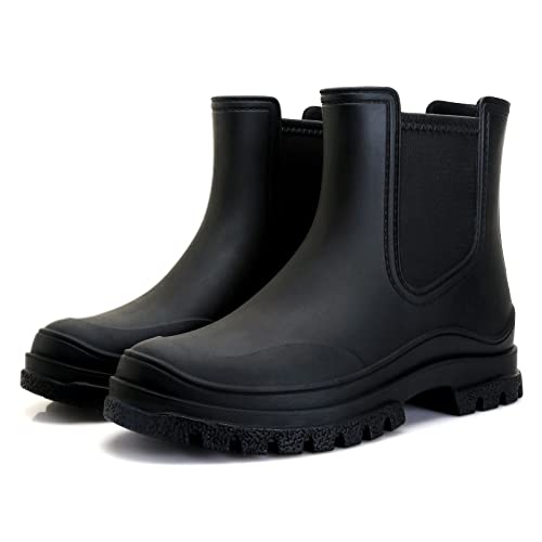 Hsttgsr Women's Rain Boots, Comfortable Elastic Adult Ankle Booties, Fashion Mid Heel Chelsea Boots, Waterproof Non-Slip Chunky Platform Lug Sole Short Garden Boots