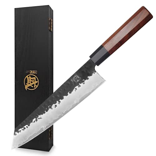 MITSUMOTO SAKARI 9 inch Japanese Kiritsuke Chef Knife, High Carbon Stainless Steel Kitchen Knife, Professional Hand Forged Meat Sushi Knife (Rosewood Handle & Gift Box)