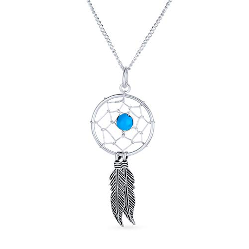 Bling Jewelry Western Boho Turquoise Accent Native American Indian Feathers Leaf Dream Catcher Pendant Necklace For Women Teens Oxidized .925 Sterling Silver