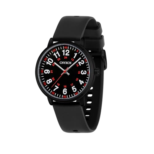 CNYXCN Nurse Watch for Medical Students,Doctors,Women Men with Second Hand and 24 Hour,Easy to Read Dial,Silicone Band,Water Resistant (Black+Black)