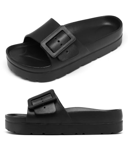Women's Black Platform Sandals, Adjustable Single Buckle Slides with Arch Support Comfort Lightweight EVA Foam Sandal