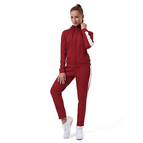 TEZO Womens Full Zip-Up Hoodie Tracksuit Set Long Sleeve Casual Jogging Suits Workout Gym 2 Piece Outfits with Pockets(RDWT M)