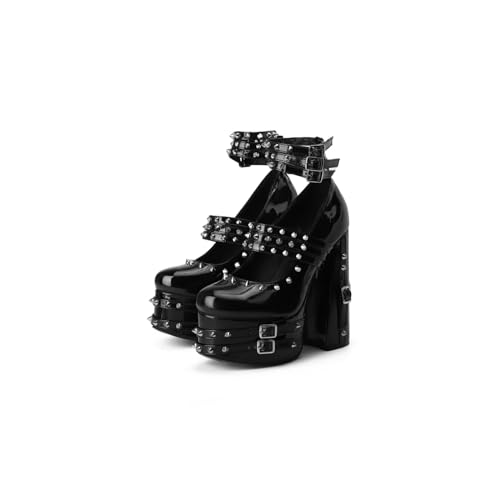 Frankie Hsu Goth Chunky Platform High Heeled Pumps Ankle Bootie, Black Patent Strappy Rivets Punk Gothic Y2K Hot Girl Boot, Big Large Size Shoes For Women Men