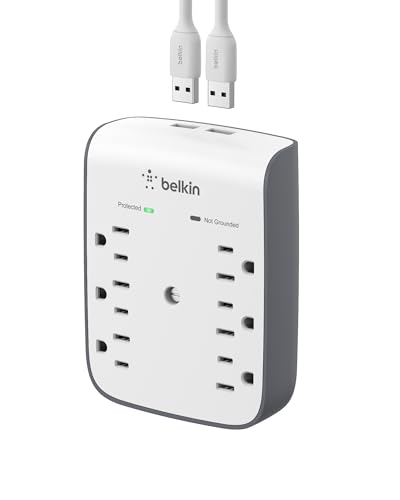 Belkin 6-Outlet Wall Surge Protector w/ 2 USB-A Port for Home, Office, Travel, Computer Desktop, Laptop, Phone Charger, & More - 900 Joules of Protection