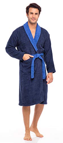 SKYLINEWEARS Men Robe Terry Cotton Shawl Collar Bathrobe Spa Robes Housecoat Terry Toweling Sweat Steaming Clothes Navy L