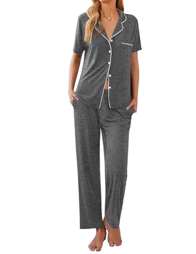 Ekouaer Womens, Button Notch Collar Pajamas Set, Short Sleeve Sleepwear with Pockets, Grey2, X-Large
