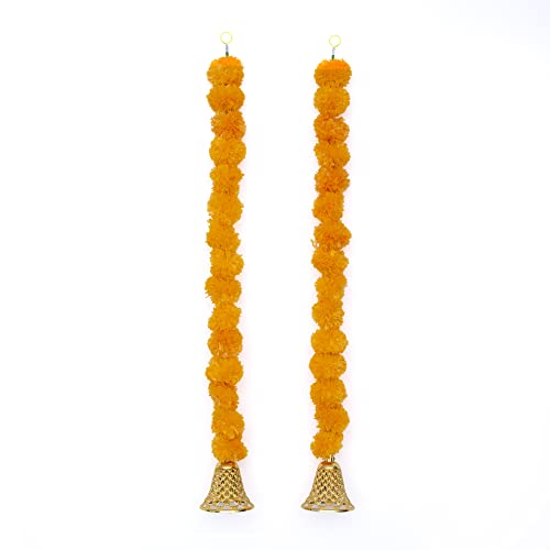 Set of 2 Traditional Handmade Decorative Door Wall Hanging Latkan Toran Bandhanwar Door Valance Vibrant Artificial Marigold with Bells for Home Entrance Festive Decor & Gifts 31 Inches