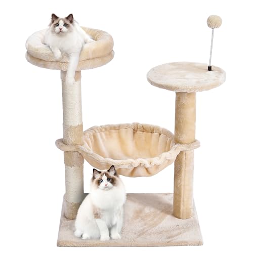 KWOJU Cat Tree 28.5 Inches for Kittens, Modern Cat Tower Cat Furniture Activity Center and Playground with Removable Plush Perch, Cozy Basket Hammock, Sisal Scratching Posts, Beige