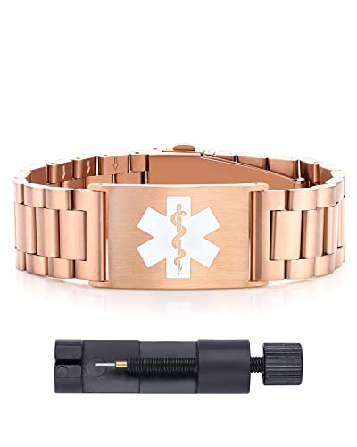 Medical Alert Bracelets for Women, Personalized Custom Medical ID Bracelet with Stainless Steel Watch Wristband, Emergency Medic Alert ID Bracelet, Adjustable between 6.0'-8.0' (Rose Gold Tag)