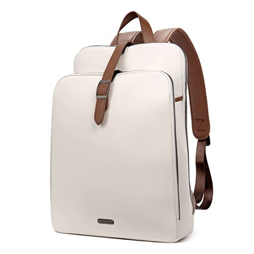 CLUCI Leather Backpack for Women 15.6 inch Laptop Womens Backpack Purse Travel Backpack Work Bag Vintage Daypack Beige with Brown