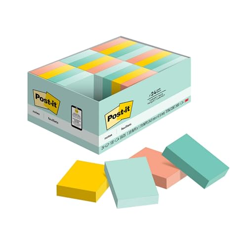 Post-it Notes, 1 3/8 in x 1 7/8 in, 24 Pads, America's #1 Favorite Sticky Notes, Beachside Café Collection, Pastel Colors, Clean Removal, Recyclable (654-14AU)