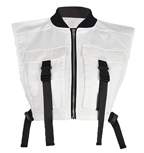 Bnigung Women's Sexy Crop Cargo Vest Sleeveless Buckle Zip Up Vest Jacket Tops Steampunk Streetwear with Pockets(White,01M)
