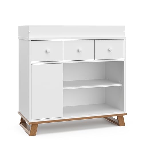 Stork Craft Modern Nursery Changing Table Dresser (White with Vintage Driftwood) – GREENGUARD Gold Certified, Baby Dresser With Changing Table Top, Dresser for Nursery, Changing Table With Drawers