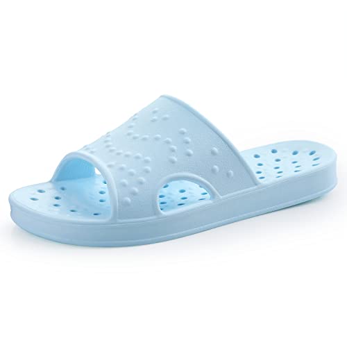 shevalues Shower Shoes for Women with Arch Support Quick Drying Pool Slides Lightweight Beach Sandals with Drain Holes, Light Blue 8-9 Women / 6.5-7.5 Men