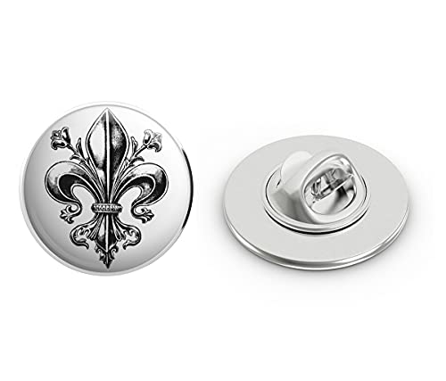 BRK Studio Divine Designs Fancy Detailed Fleur DE LIS Black Grey White Round Metal 0.75' Lapel Pin Hat Shirt Pin Tie Tack Pinback
