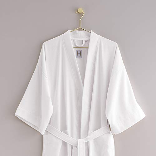 H by Frette Pique Kimono Bathrobe (Medium) - Luxury All-White Bathrobe/Light, Cool, and Breathable / 100% Cotton
