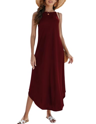 Halife Women's Causal Summer Dress Spaghetti Strap Sleeveless Beach Long Maxi Dresses Wine Red XL