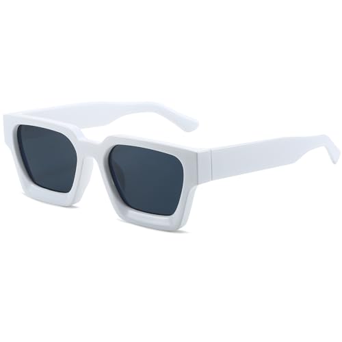 AIEYEZO Square Sunglasses for Women Men Square Thick Frame Sun Glasses Simple Designer Style Shades (White/Grey)