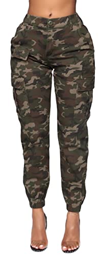 Double Denim January 5th Women's High Waist Cargo Jogger Pants Casual Elastic Waistband Tapered Sweatpants with 6 Pockets SCP-2049 Camo XL