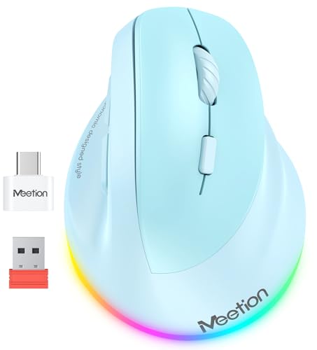 Meetion Ergonomic Vertical Mouse, Bluetooth 5.0, 4 Adjustable DPI Settings, RGB Lighting, Rechargeable Battery, Smooth Scrolling Wheel, Blue