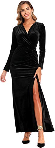 Ababalaya Long Sleeve Wrap Velvet Long Formal Dresses Cocktail Dress, Black, M
