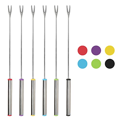 6PCS 9.5 Inch Color-Coded Stainless Steel Fondue Forks, Cheese Fondue Fork Stainless Steel Fruit Fondue Forks with Heat-blocking Handle for Chocolate Fountain Cheese Hot Pot Barbecue Marshmallows