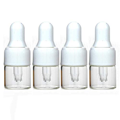100Pcs 1ml Clear Mini Cute Glass Essential Oil Dropper Bottles with Eye Dropper Dispenser for Perfume Cosmetic Liquid Aromatherapy Sample Storage Jar Vial Containers Kitchen Tool, White Cap