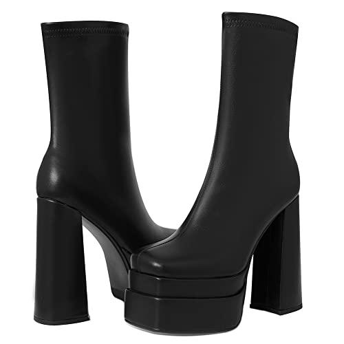 Mattiventon Black Platform Boots for Women Square Toe Chunky Heel Combat Boot Mid Calf Goth Boots