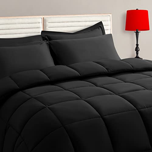 TAIMIT Black Full Size Comforter Set - 7 Pieces, Bed in a Bag Bedding Sets with All Season Soft Quilted Warm Fluffy Reversible Comforter,Flat Sheet,Fitted Sheet,2 Pillow Shams,2 Pillowcases