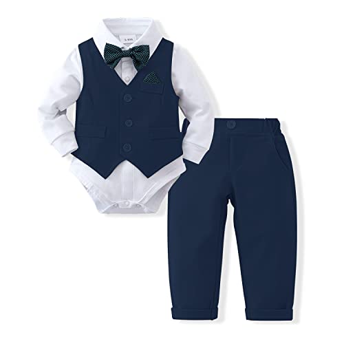 DISAUR Baby Boy Clothes Toddler Boy Outfits, 4PC Gentleman Dress Romper + Vest + Pants + Bow Tie Cotton Suit Set (Navy Blue,9-12 Months)
