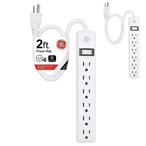 GE 6-Outlet Power Strip, 2 Pack, 1.5 Ft Extension Cord, Heavy Duty Plug, Grounded, Integrated Circuit Breaker, 3-Prong, Wall Mount, UL Listed, White, 14833