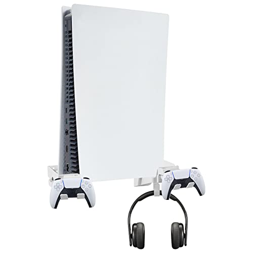 Wabracket Wall Mount Kits for PS5, 6 in 1 Sturdy Wall Mount Brackect Holder for PS5, Compatiable with Both Digital and Disc Version, with Detachable Controllers and Headphone Holder, Charging Cable and Spirit Level, Space Manager for PS5