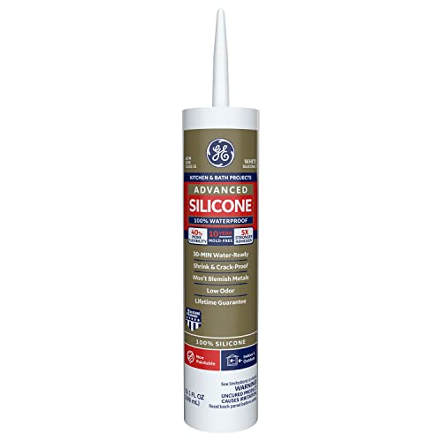 GE Advanced Silicone Caulk for Kitchen & Bathroom - 100% Waterproof Silicone Sealant, 5X Stronger Adhesion, Shrink & Crack Proof - 10 oz Cartridge, White, Pack of 1