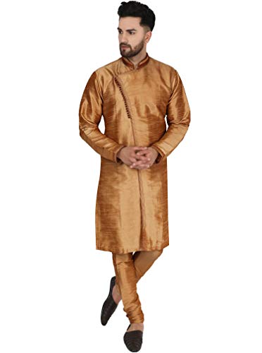 SKAVIJ Men's Art Silk Kurta Pajama Indian Wedding Party Festive Season Ethnic Suit Dress Set (Small, Brown)