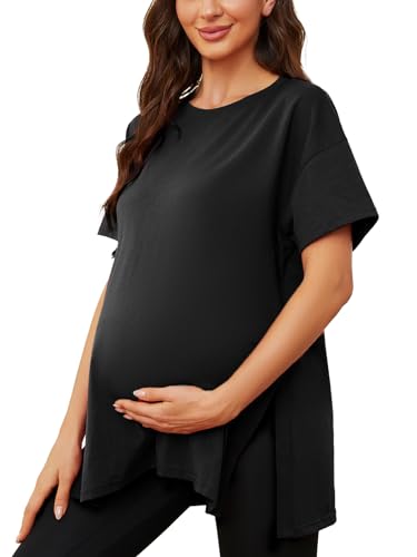 Ecavus Women's Casual Maternity Shirts Split Side Pregnancy Tops Blouses Short Sleeve Loose Fit Maternity Clothes Black