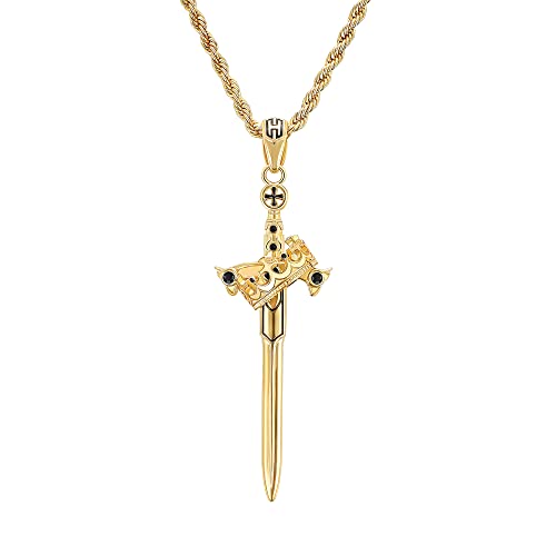 HELLOICE Sword Crown Cross Necklace 18K Gold Plated 5A CZ Stones Sword Pendant Necklace With 24' Chain for Men Women(Gold)