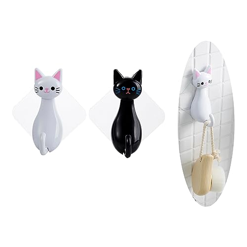 MAHONLIEN 2 Pcs Cute Cat Key Hooks Black and White Cat Adhesive Coat Hooks for Wall Decorative