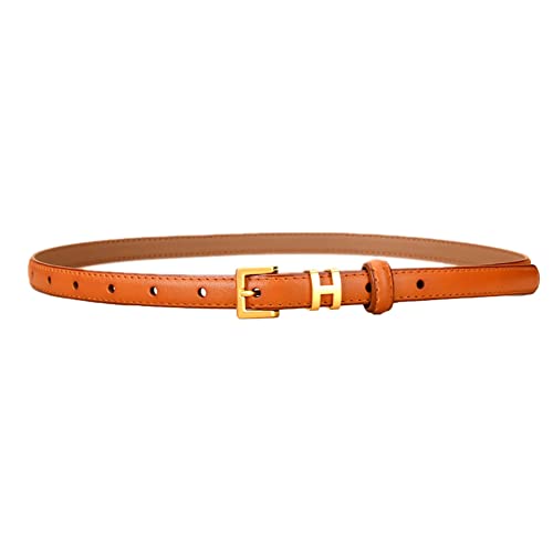 SPOMUNT Women Gold H Design Skinny Leather Belt Thin Waist Jeans Belt for Pants in Pin Buckle Belt, Womens Belts for Dress (Orange, 102cm(Fits pants size 25'-33'))