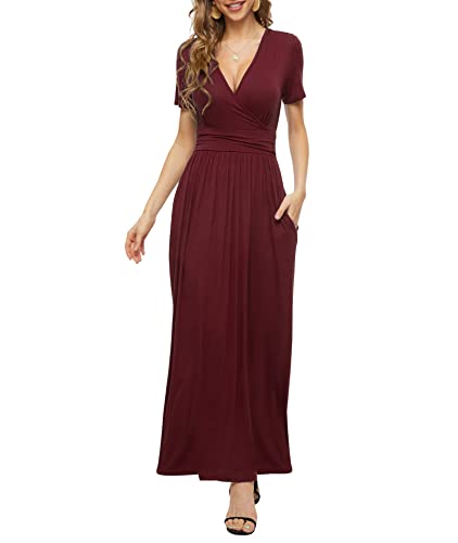 LILBETTER Women's Short Sleeve Deep V-Neck Wrap Waist Maxi Dresses(Wine Red,Small)