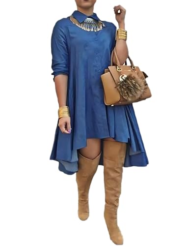 XUGWLKJ Women's Blue Denim Shirt Dress Long Blouses Long Sleeve Big Swing Casual Denim Party Dress