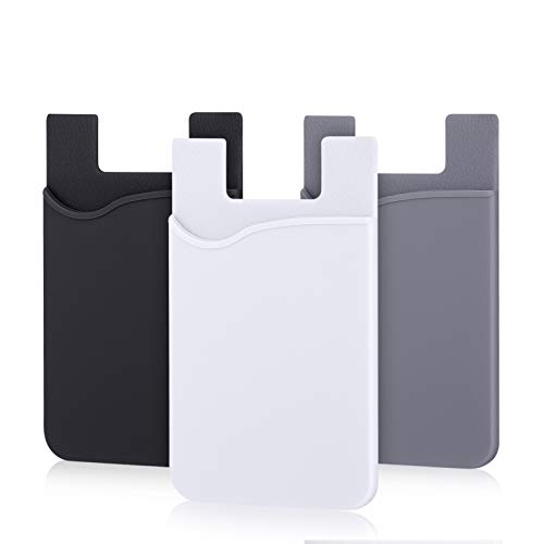 Pofesun Phone Card Holder, 3 Pack Silicone Stick on Wallet Adhesive Credit Cards/ID Card Holder for Back of Phone Compatible for iPhone 15 14 13 12 Pro Max,iPad,Samsung Galaxy,Tablet-Black/White/Gray