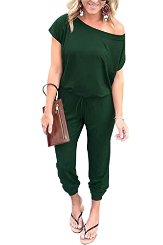 PRETTYGARDEN Women's Loose Solid Off Shoulder Elastic Waist Stretchy Long Romper Jumpsuit (Dark Green,Large)
