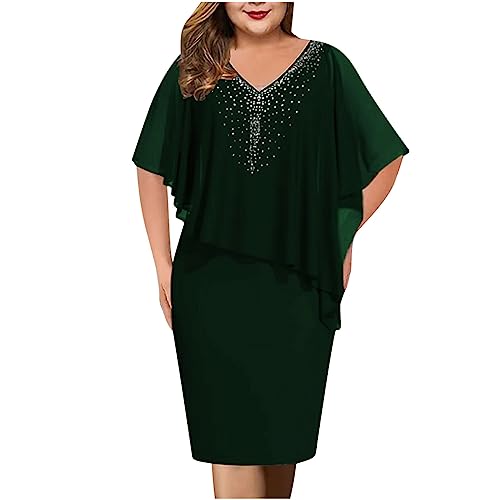 Buy Again My Orders 2023 Womens Plus Size Cape Dress with Rhinestone V Neck Chiffon Overlay Bodycon Pencil Dress Wedding Cocktail Party Dress Green